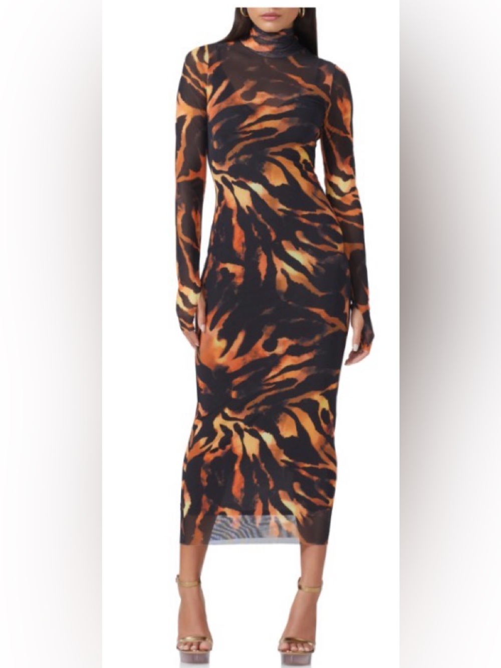 AFRM Orange Black Tiger Print Shailene Mesh Midi Dress Size M